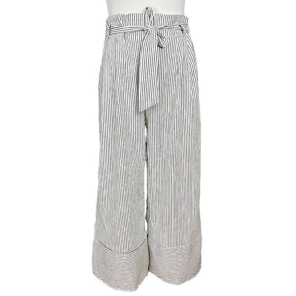 kirious Pants - Kirious Navy and White Stripe Linen Paperbag Crop Wide Leg Pants M